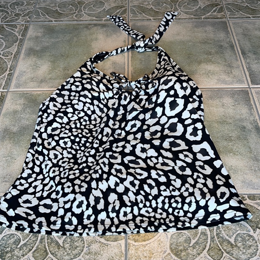 Silhouette Solution cheetah print black/white tankini top Sz 12 (runs small).
